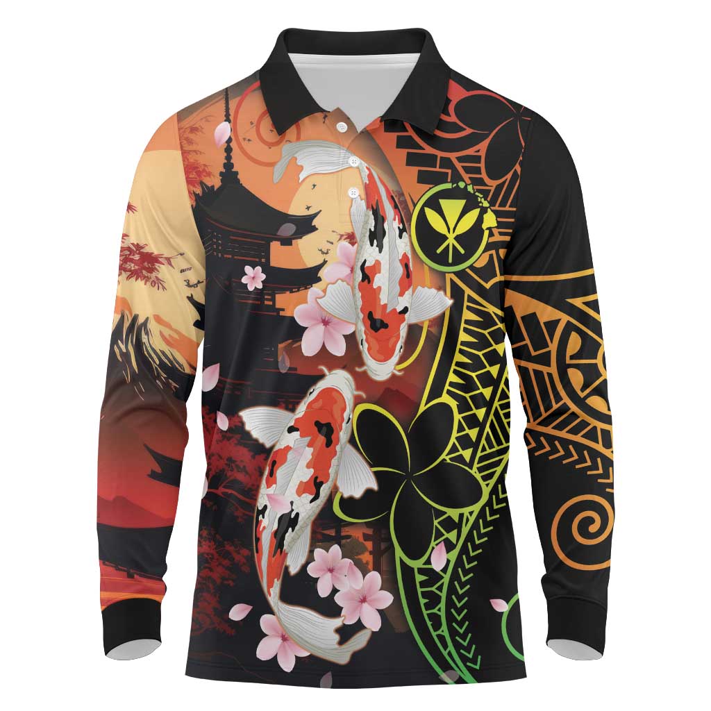 Hawaiian and Japanese Long Sleeve Polo Shirt Koi Fish With Kanaka Polynesian Tattoo - Wonder Print Shop