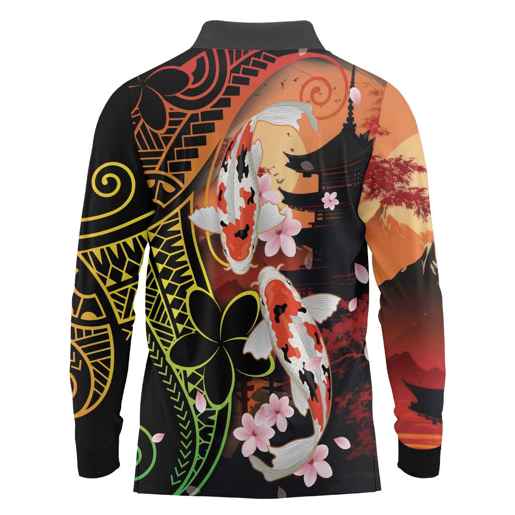 Hawaiian and Japanese Long Sleeve Polo Shirt Koi Fish With Kanaka Polynesian Tattoo - Wonder Print Shop