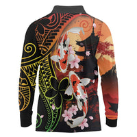 Hawaiian and Japanese Long Sleeve Polo Shirt Koi Fish With Kanaka Polynesian Tattoo - Wonder Print Shop