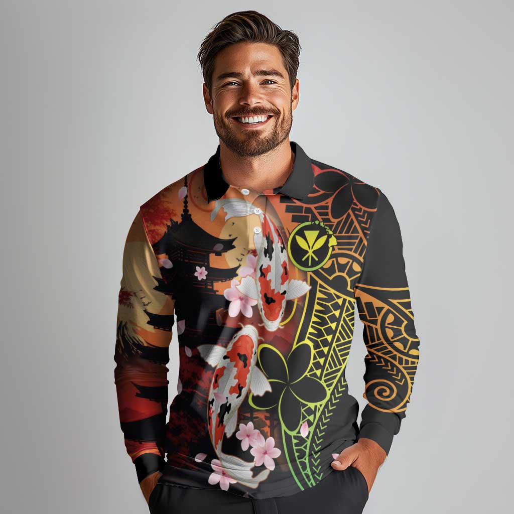 Hawaiian and Japanese Long Sleeve Polo Shirt Koi Fish With Kanaka Polynesian Tattoo - Wonder Print Shop
