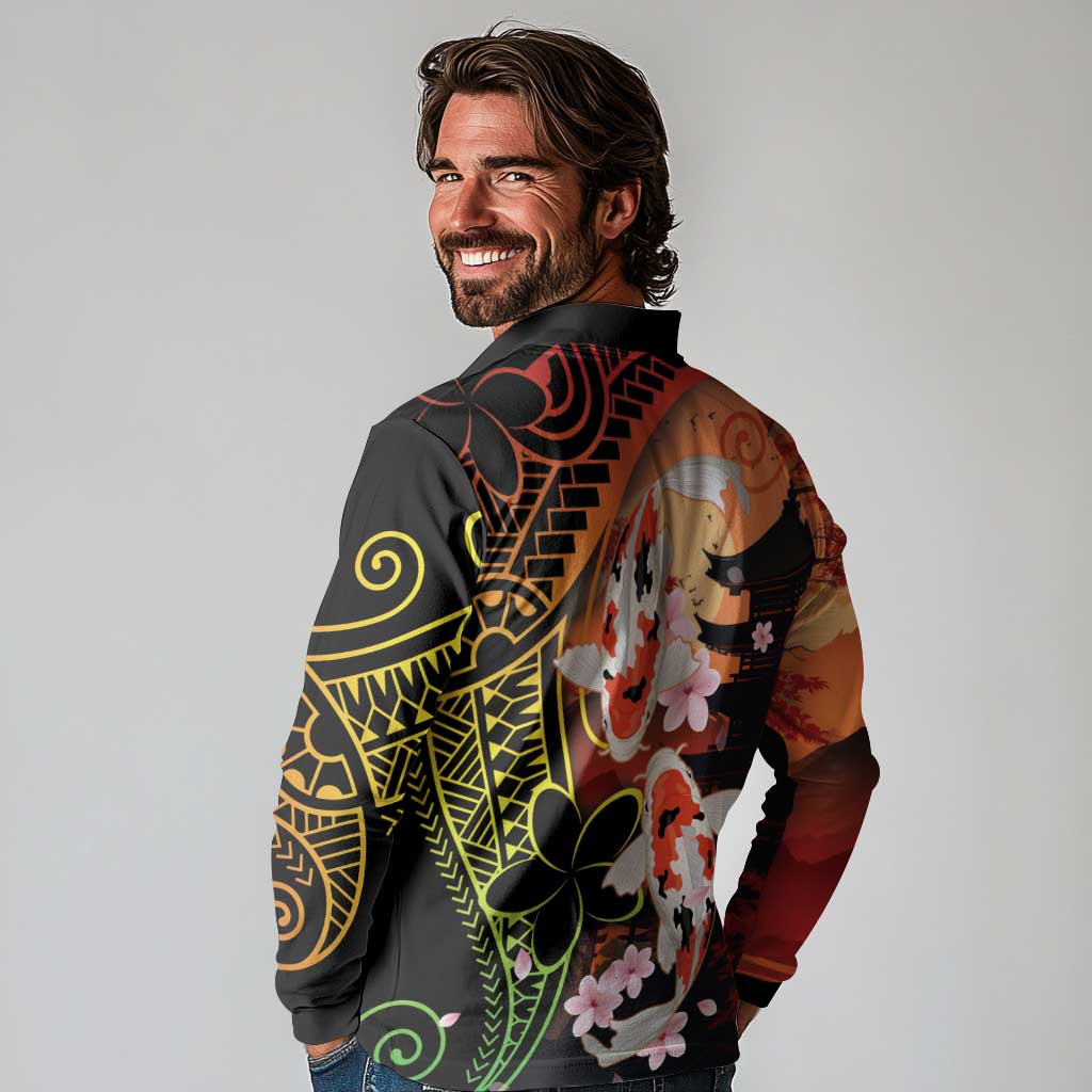 Hawaiian and Japanese Long Sleeve Polo Shirt Koi Fish With Kanaka Polynesian Tattoo - Wonder Print Shop