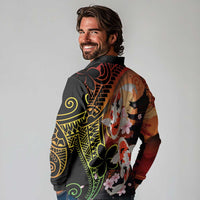 Hawaiian and Japanese Long Sleeve Polo Shirt Koi Fish With Kanaka Polynesian Tattoo - Wonder Print Shop