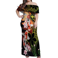 Hawaiian and Japanese Off Shoulder Maxi Dress Koi Fish With Kanaka Polynesian Tattoo - Wonder Print Shop