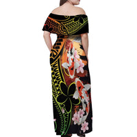 Hawaiian and Japanese Off Shoulder Maxi Dress Koi Fish With Kanaka Polynesian Tattoo - Wonder Print Shop