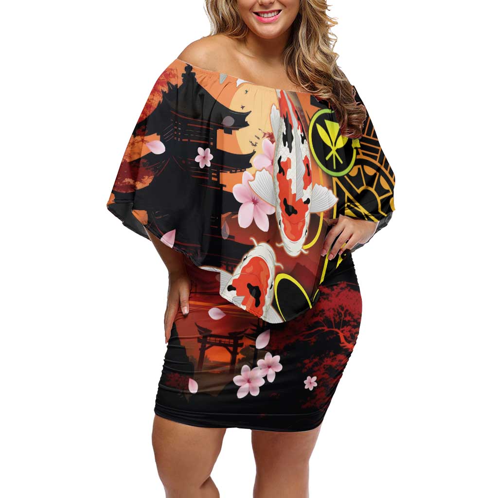 Hawaiian and Japanese Off Shoulder Short Dress Koi Fish With Kanaka Polynesian Tattoo - Wonder Print Shop