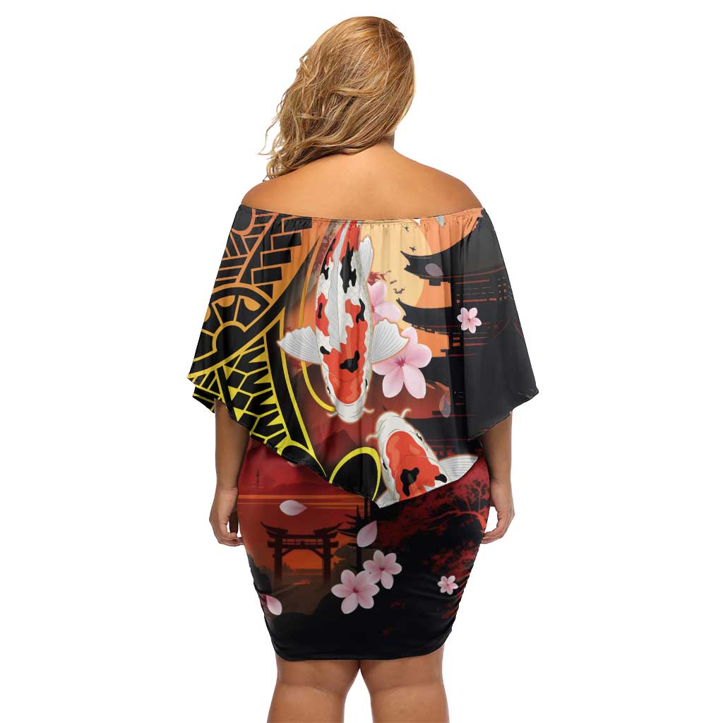Hawaiian and Japanese Off Shoulder Short Dress Koi Fish With Kanaka Polynesian Tattoo - Wonder Print Shop