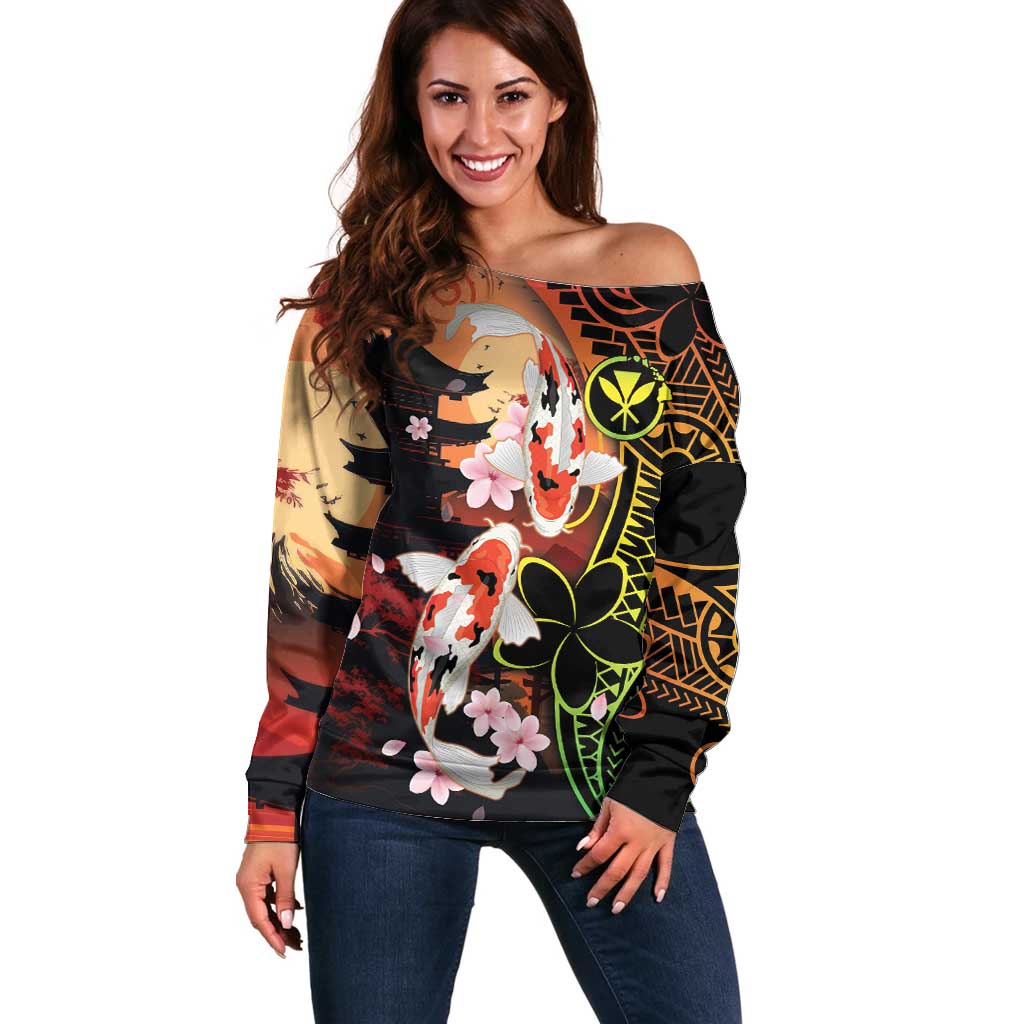 Hawaiian and Japanese Off Shoulder Sweater Koi Fish With Kanaka Polynesian Tattoo - Wonder Print Shop