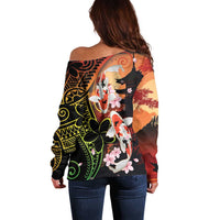 Hawaiian and Japanese Off Shoulder Sweater Koi Fish With Kanaka Polynesian Tattoo - Wonder Print Shop