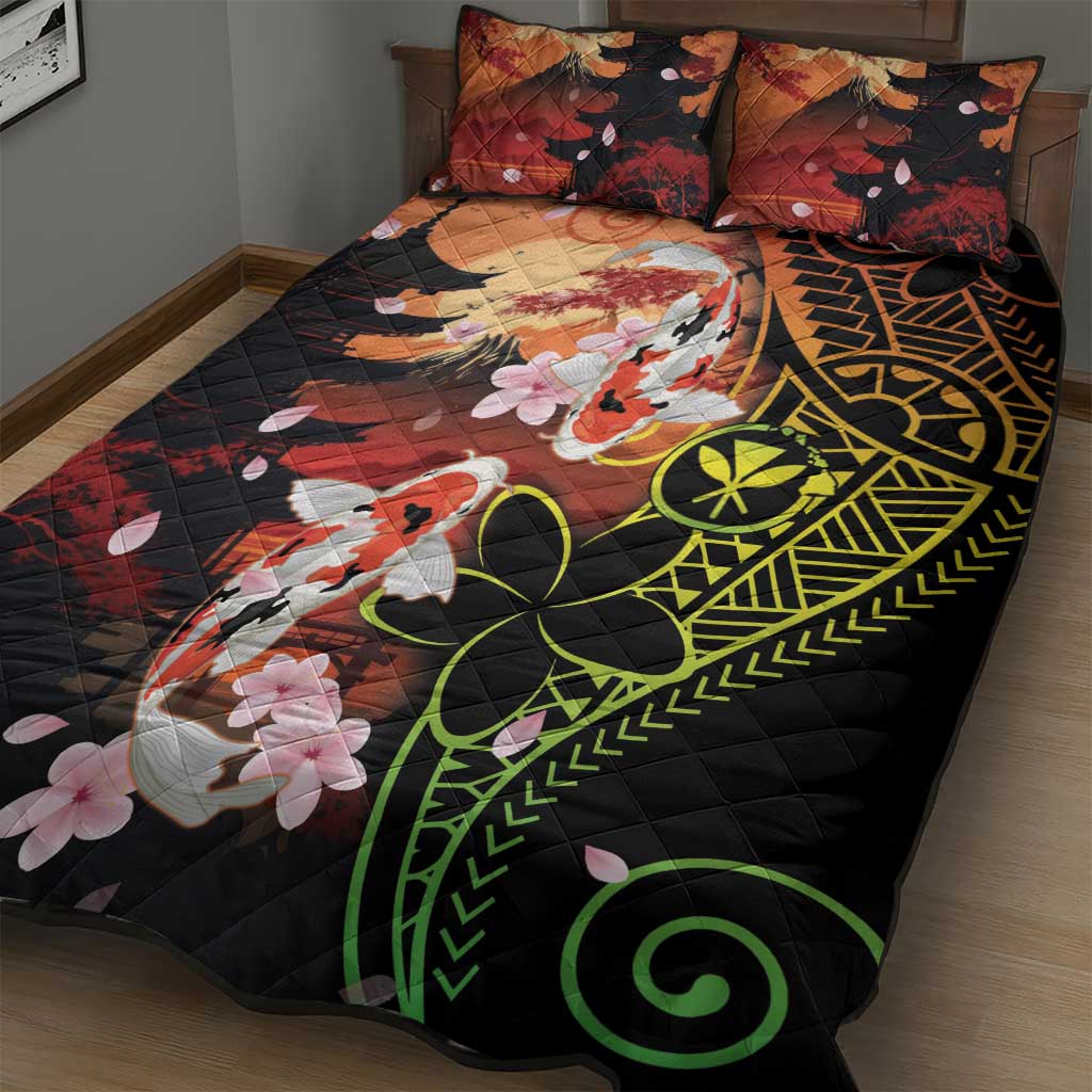 Hawaiian and Japanese Quilt Bed Set Koi Fish With Kanaka Polynesian Tattoo - Wonder Print Shop