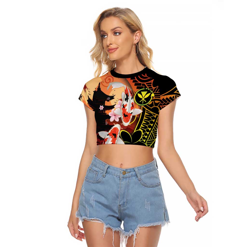 Hawaiian and Japanese Raglan Cropped T Shirt Koi Fish With Kanaka Polynesian Tattoo - Wonder Print Shop