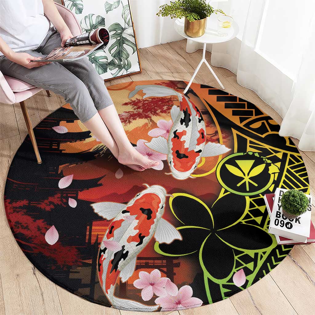 Hawaiian and Japanese Round Carpet Koi Fish With Kanaka Polynesian Tattoo - Wonder Print Shop