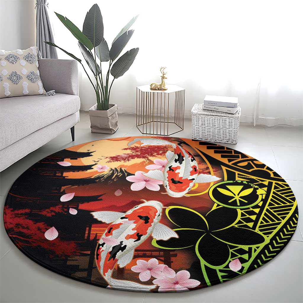 Hawaiian and Japanese Round Carpet Koi Fish With Kanaka Polynesian Tattoo - Wonder Print Shop