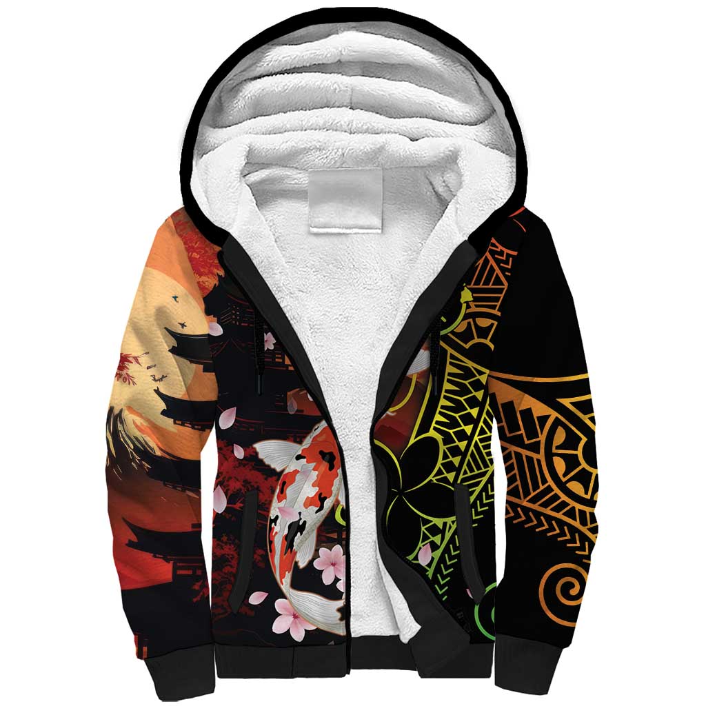 Hawaiian and Japanese Sherpa Hoodie Koi Fish With Kanaka Polynesian Tattoo - Wonder Print Shop