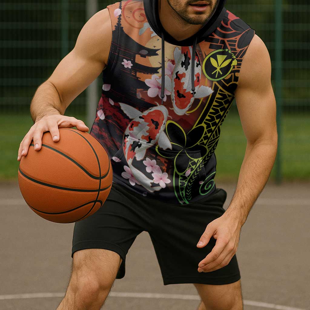 Hawaiian and Japanese Sleeveless Hoodie Koi Fish With Kanaka Polynesian Tattoo - Wonder Print Shop