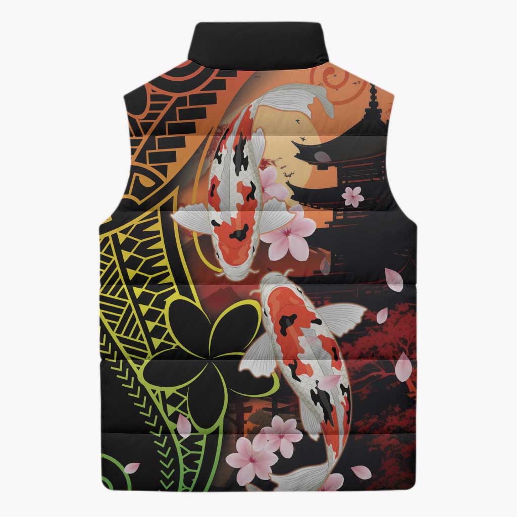 Hawaiian and Japanese Sleeveless Puffer Jacket Koi Fish With Kanaka Polynesian Tattoo - Wonder Print Shop