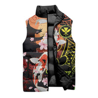 Hawaiian and Japanese Sleeveless Puffer Jacket Koi Fish With Kanaka Polynesian Tattoo - Wonder Print Shop