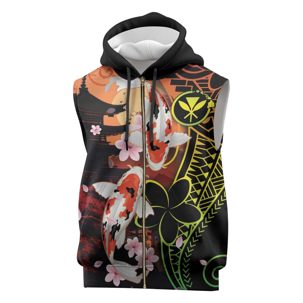 Hawaiian and Japanese Sleeveless Zip Hoodie Koi Fish With Kanaka Polynesian Tattoo - Wonder Print Shop