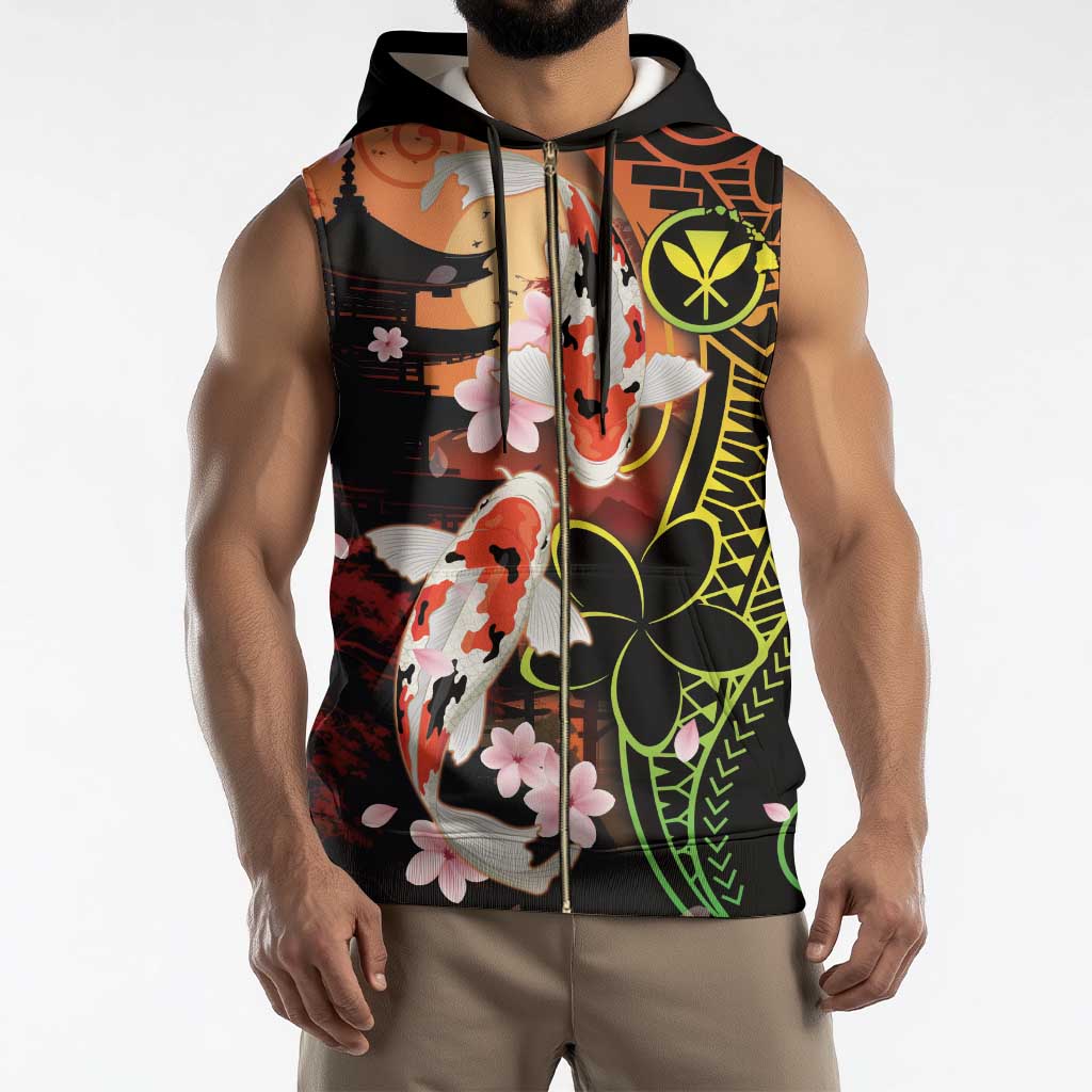 Hawaiian and Japanese Sleeveless Zip Hoodie Koi Fish With Kanaka Polynesian Tattoo - Wonder Print Shop