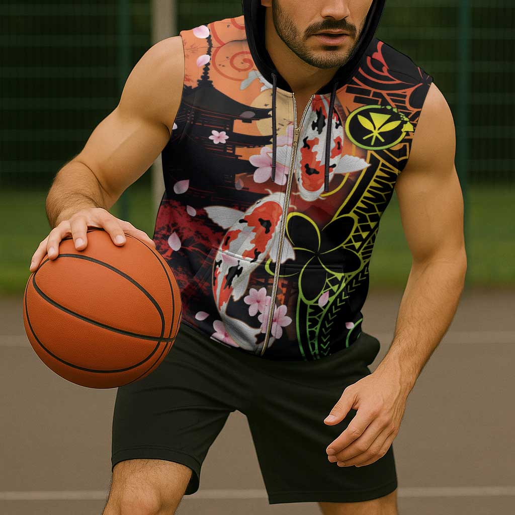 Hawaiian and Japanese Sleeveless Zip Hoodie Koi Fish With Kanaka Polynesian Tattoo - Wonder Print Shop