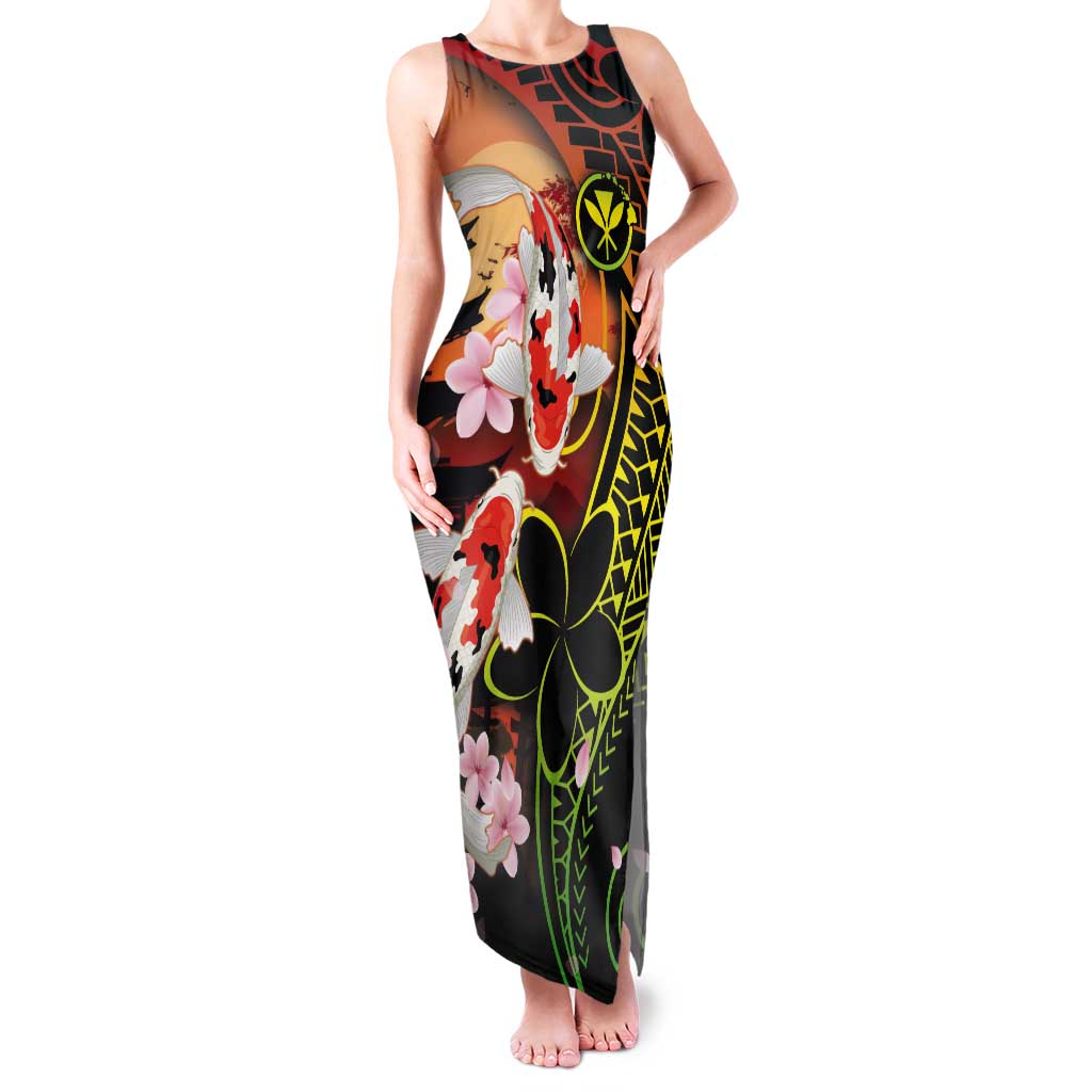 Hawaiian and Japanese Tank Maxi Dress Koi Fish With Kanaka Polynesian Tattoo - Wonder Print Shop