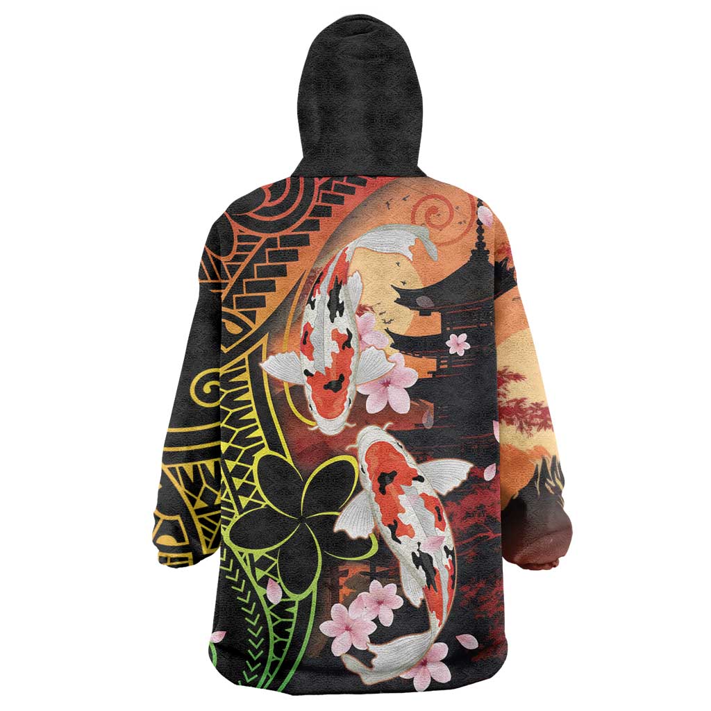 Hawaiian and Japanese Wearable Blanket Hoodie Koi Fish With Kanaka Polynesian Tattoo - Wonder Print Shop
