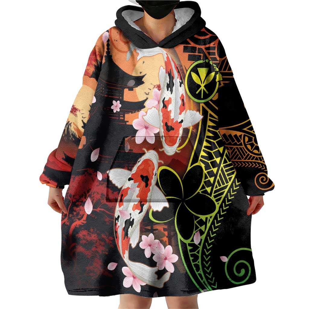Hawaiian and Japanese Wearable Blanket Hoodie Koi Fish With Kanaka Polynesian Tattoo - Wonder Print Shop