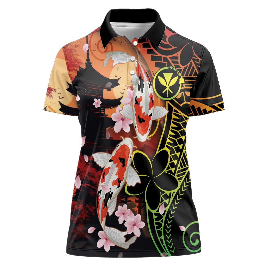 Hawaiian and Japanese Women Polo Shirt Koi Fish With Kanaka Polynesian Tattoo - Wonder Print Shop