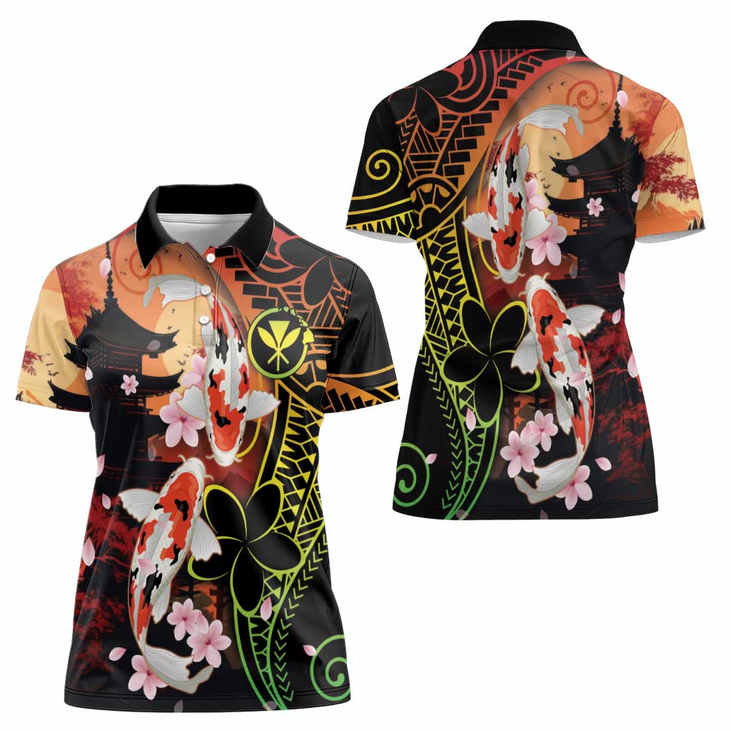 Hawaiian and Japanese Women Polo Shirt Koi Fish With Kanaka Polynesian Tattoo - Wonder Print Shop