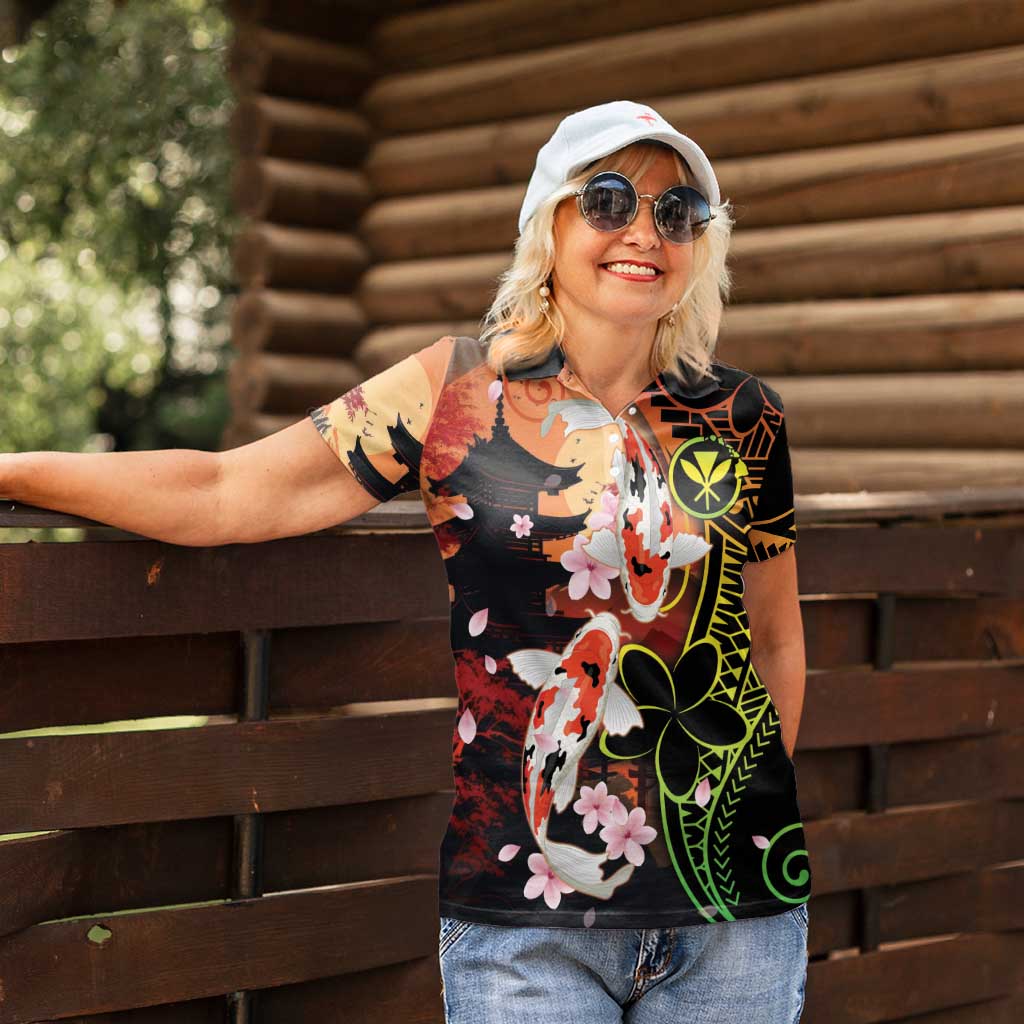 Hawaiian and Japanese Women Polo Shirt Koi Fish With Kanaka Polynesian Tattoo - Wonder Print Shop