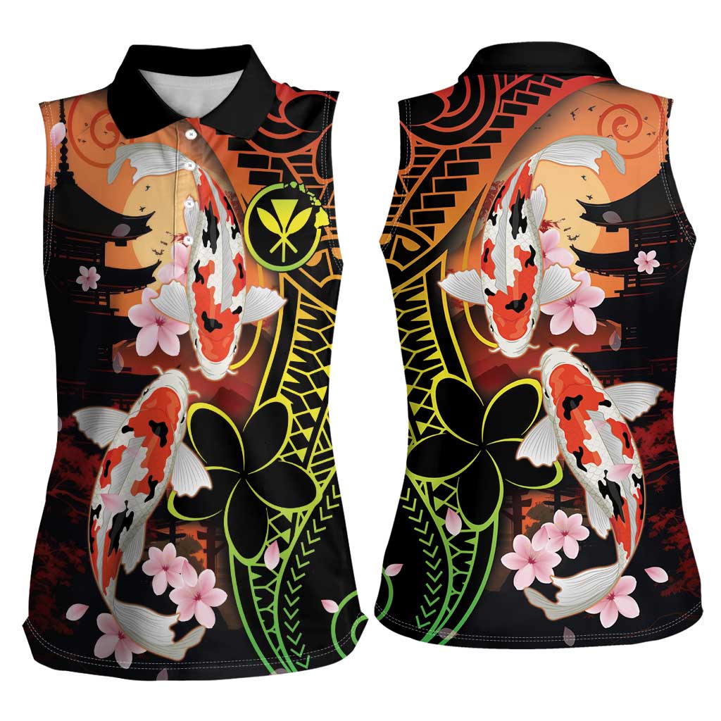 Hawaiian and Japanese Women Sleeveless Polo Shirt Koi Fish With Kanaka Polynesian Tattoo - Wonder Print Shop
