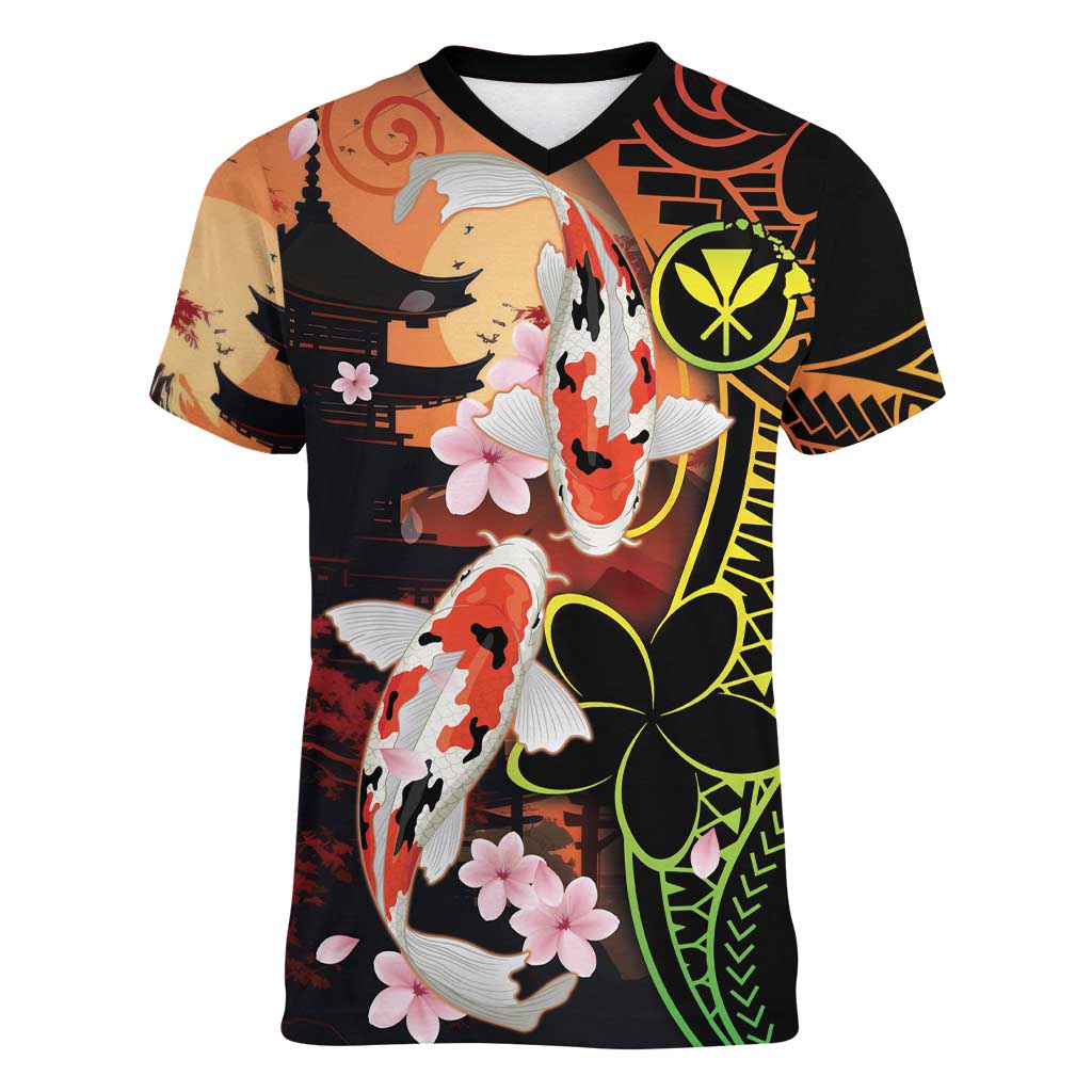 Hawaiian and Japanese Women V-Neck T-Shirt Koi Fish With Kanaka Polynesian Tattoo - Wonder Print Shop