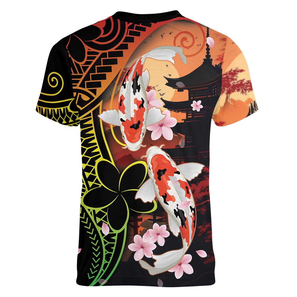 Hawaiian and Japanese Women V-Neck T-Shirt Koi Fish With Kanaka Polynesian Tattoo - Wonder Print Shop