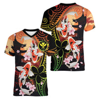 Hawaiian and Japanese Women V-Neck T-Shirt Koi Fish With Kanaka Polynesian Tattoo - Wonder Print Shop