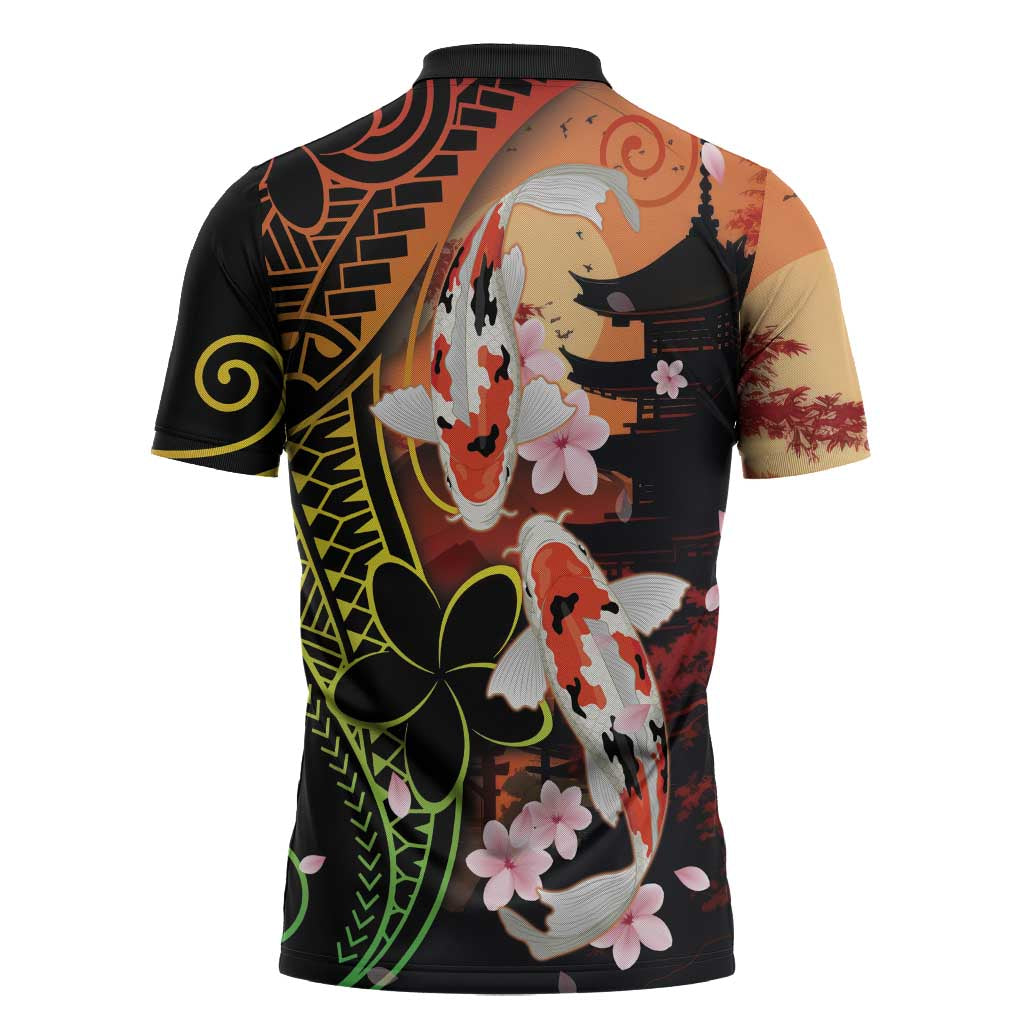 Hawaiian and Japanese Zipper Polo Shirt Koi Fish With Kanaka Polynesian Tattoo - Wonder Print Shop