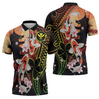 Hawaiian and Japanese Zipper Polo Shirt Koi Fish With Kanaka Polynesian Tattoo - Wonder Print Shop