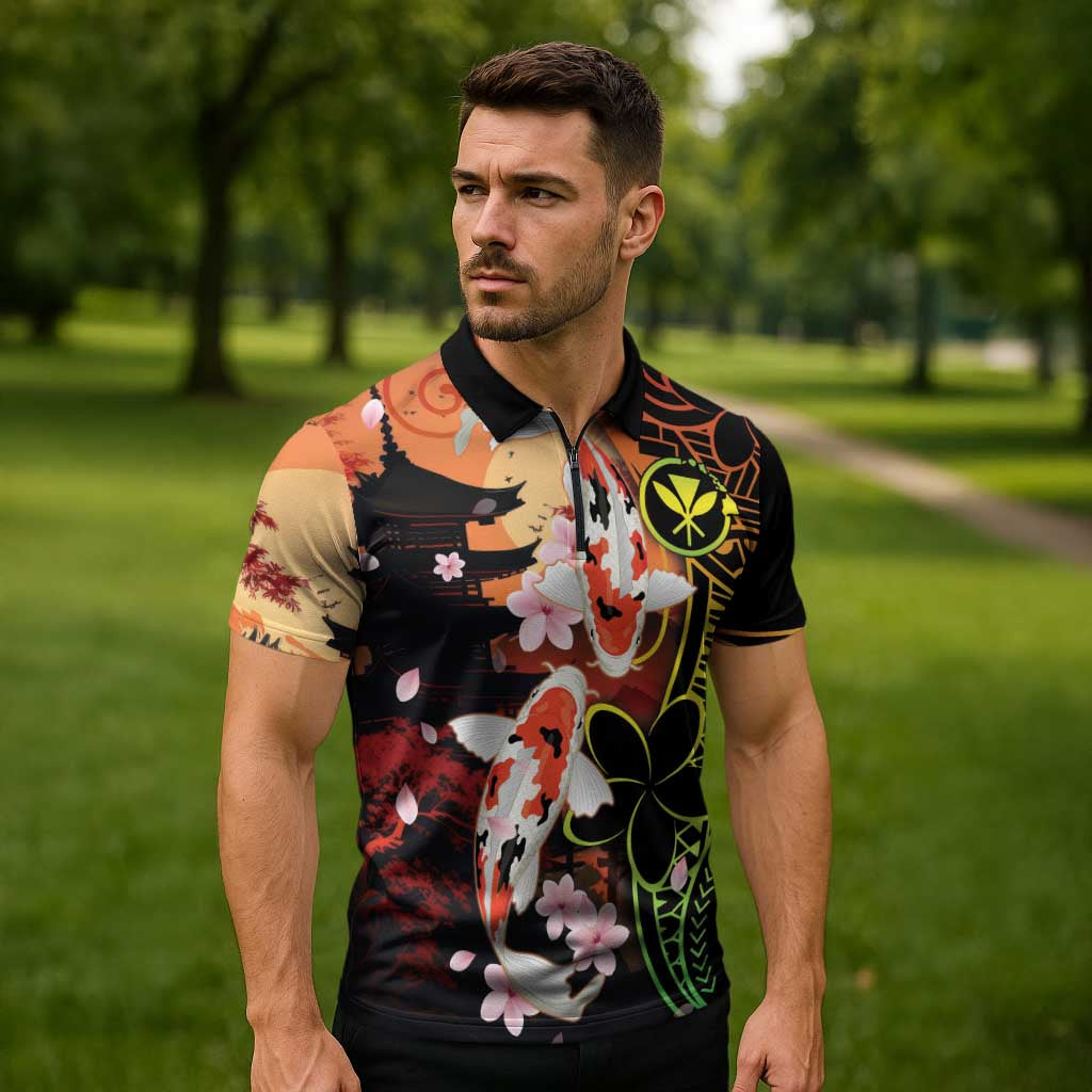 Hawaiian and Japanese Zipper Polo Shirt Koi Fish With Kanaka Polynesian Tattoo - Wonder Print Shop