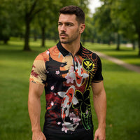 Hawaiian and Japanese Zipper Polo Shirt Koi Fish With Kanaka Polynesian Tattoo - Wonder Print Shop