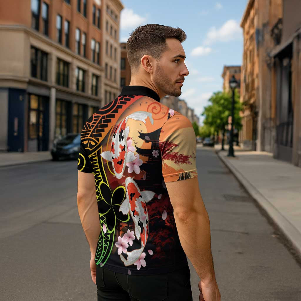 Hawaiian and Japanese Zipper Polo Shirt Koi Fish With Kanaka Polynesian Tattoo - Wonder Print Shop