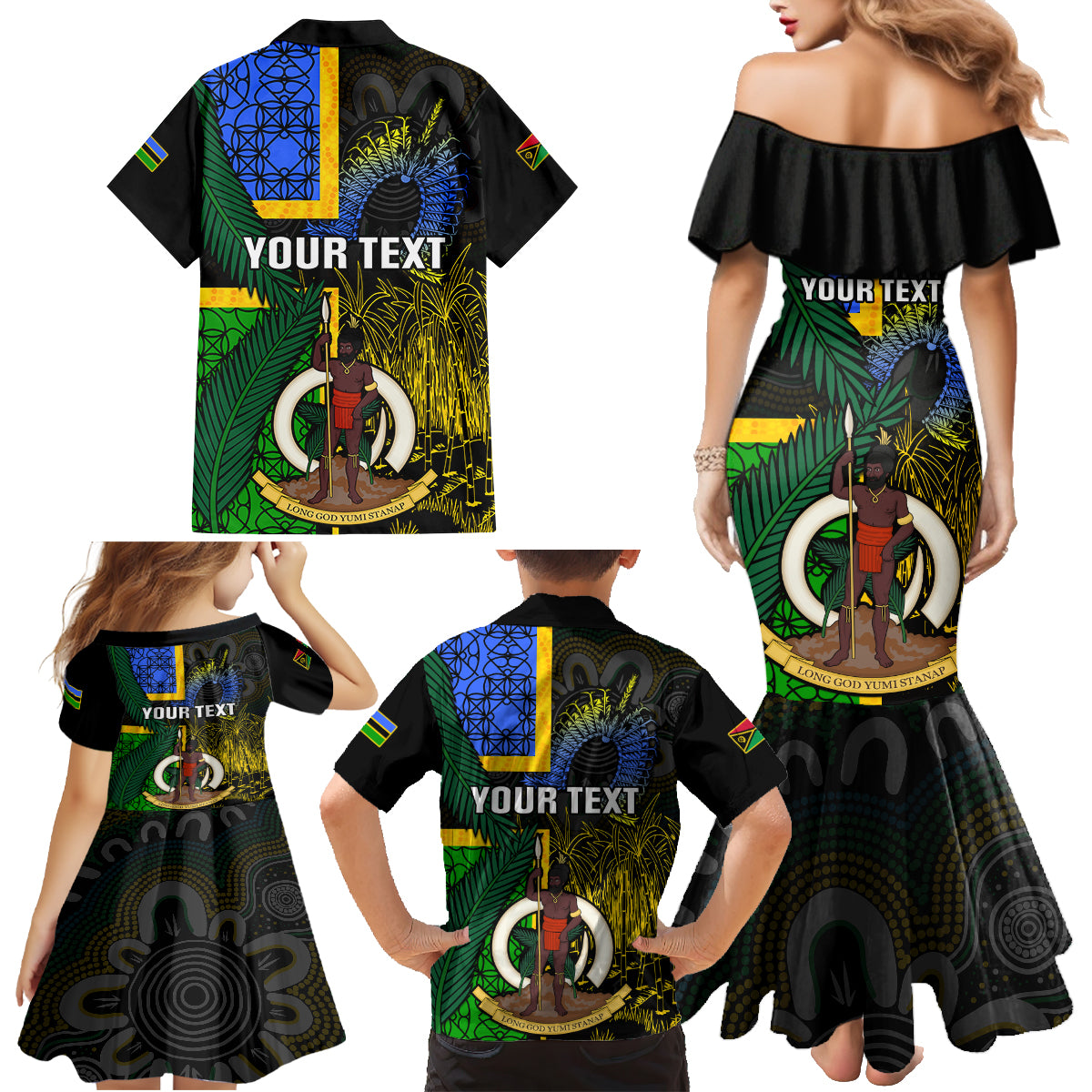 Personalised South Sea Islanders Family Matching Mermaid Dress and Hawaiian Shirt Kanakas With Vanuatu Coat Of Arms - Wonder Print Shop