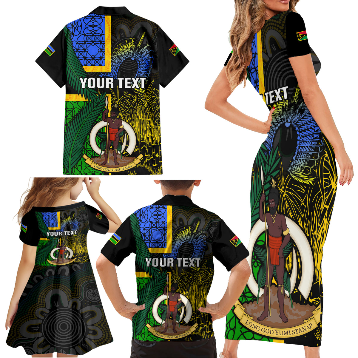 Personalised South Sea Islanders Family Matching Short Sleeve Bodycon Dress and Hawaiian Shirt Kanakas With Vanuatu Coat Of Arms - Wonder Print Shop