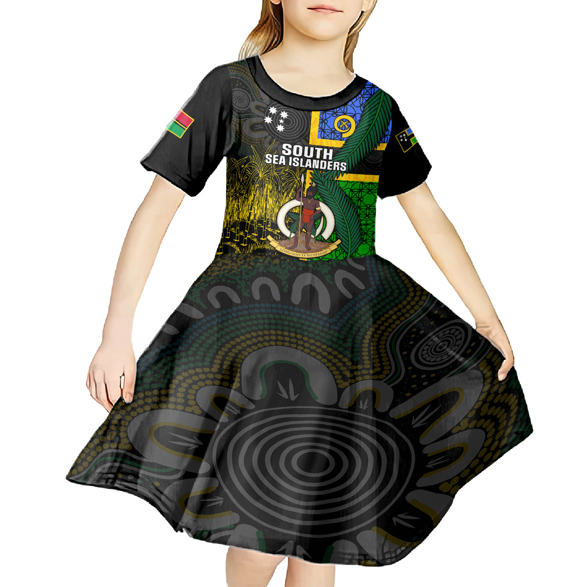 Personalised South Sea Islanders Kid Short Sleeve Dress Kanakas With Vanuatu Coat Of Arms - Wonder Print Shop