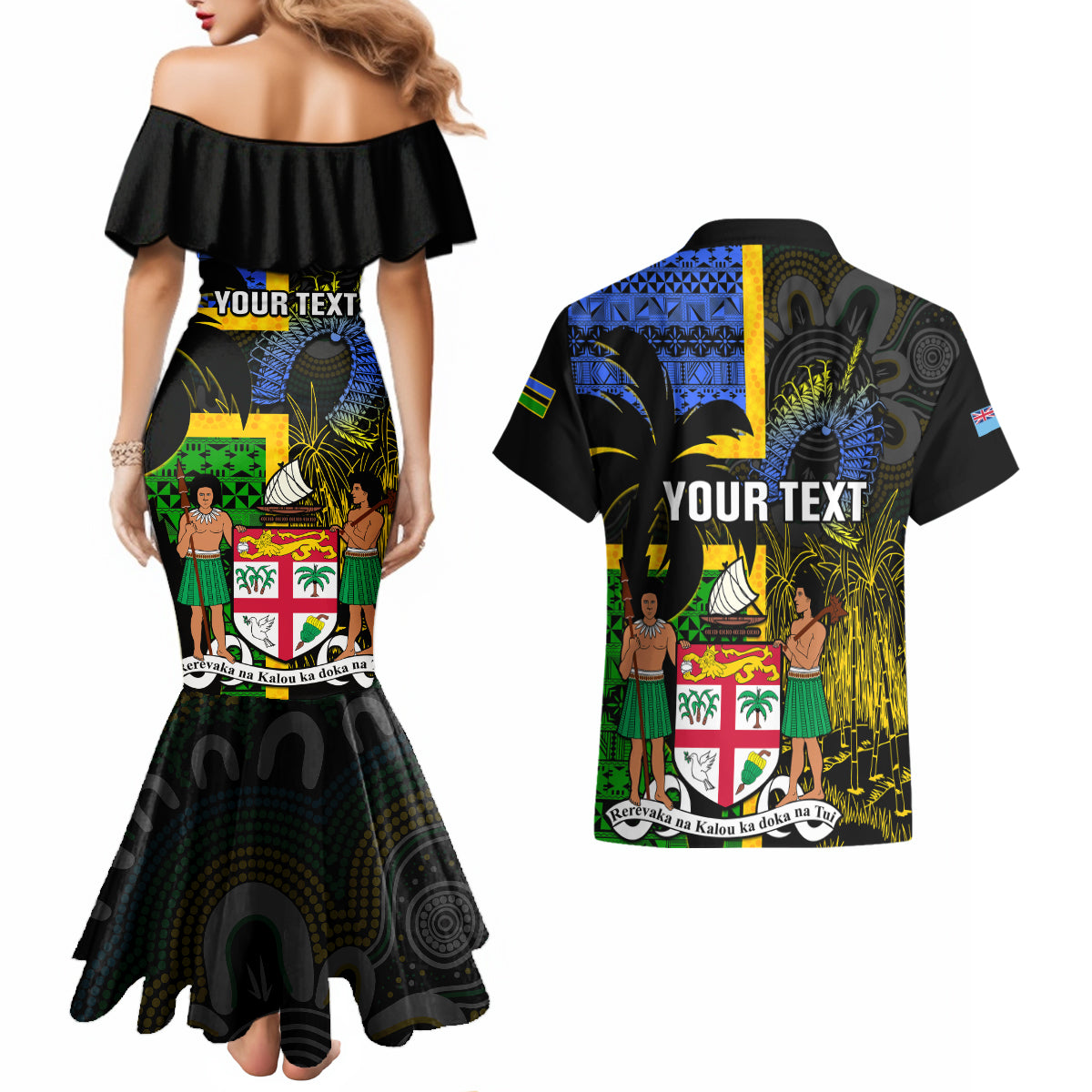 Personalised South Sea Islanders Couples Matching Mermaid Dress and Hawaiian Shirt Kanakas With Fiji Coat Of Arms - Wonder Print Shop