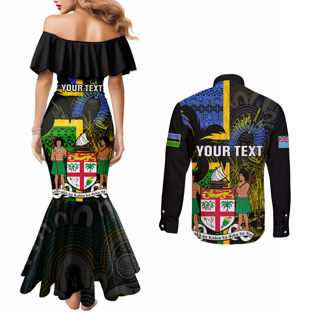 personalised-south-sea-islanders-couples-matching-mermaid-dress-and-long-sleeve-button-shirts-kanakas-with-fiji-coat-of-arms