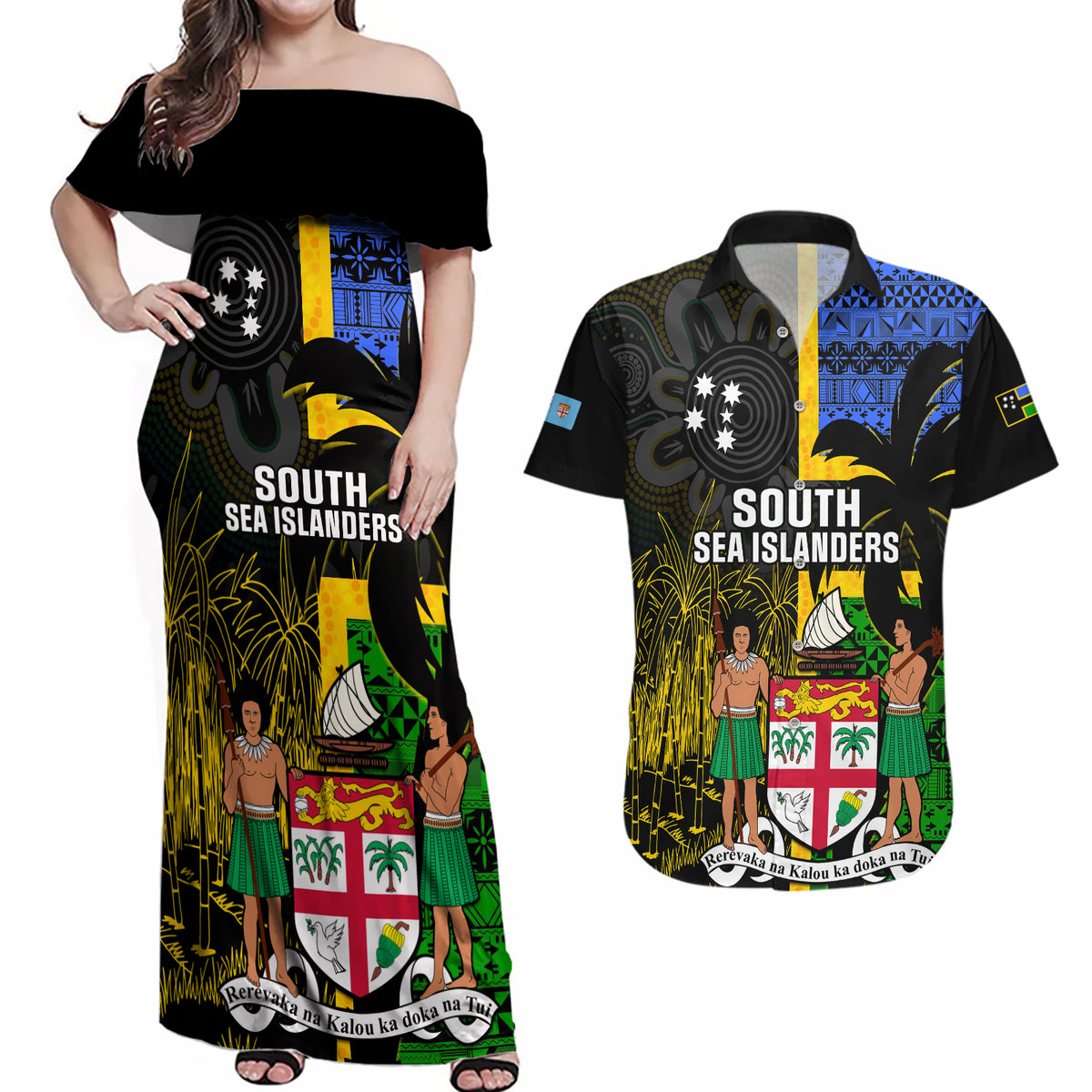 Personalised South Sea Islanders Couples Matching Off Shoulder Maxi Dress and Hawaiian Shirt Kanakas With Fiji Coat Of Arms - Wonder Print Shop
