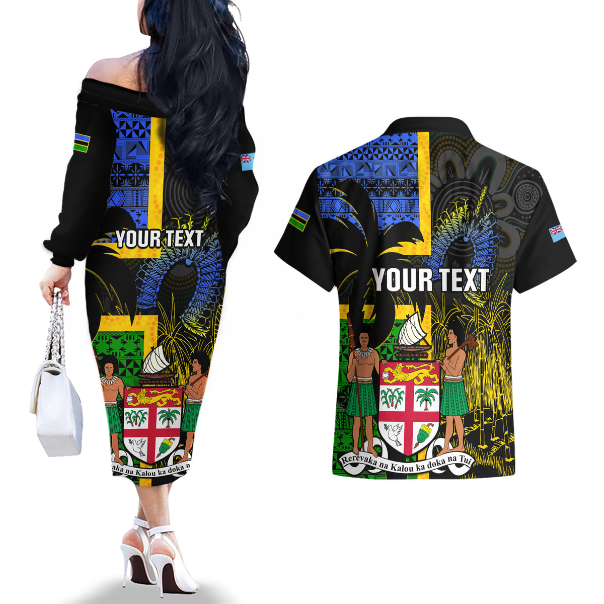 Personalised South Sea Islanders Couples Matching Off The Shoulder Long Sleeve Dress and Hawaiian Shirt Kanakas With Fiji Coat Of Arms - Wonder Print Shop