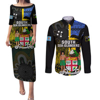Personalised South Sea Islanders Couples Matching Puletasi Dress and Long Sleeve Button Shirts Kanakas With Fiji Coat Of Arms - Wonder Print Shop