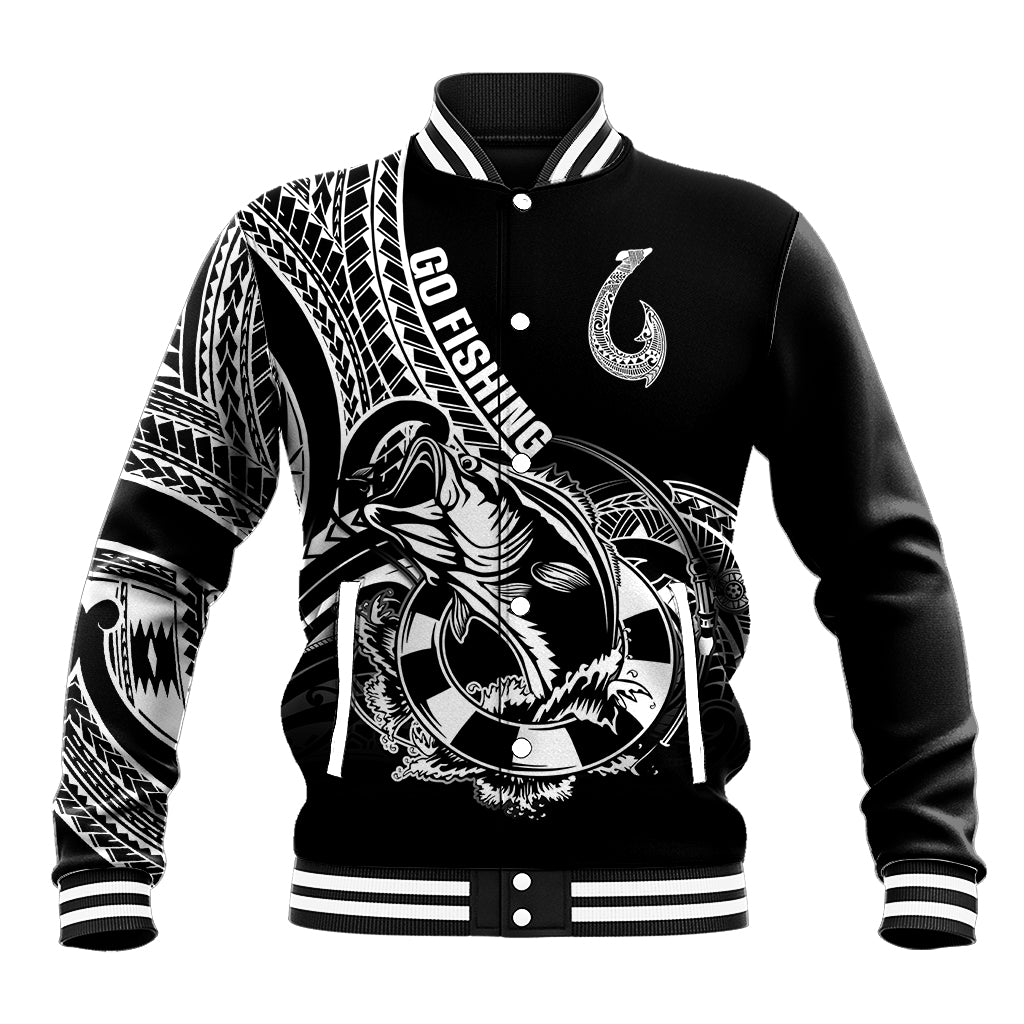 Personalised Polynesia Baseball Jacket Fish Hook Tattoo Go Fishing Polynesian Pattern Black - Wonder Print Shop