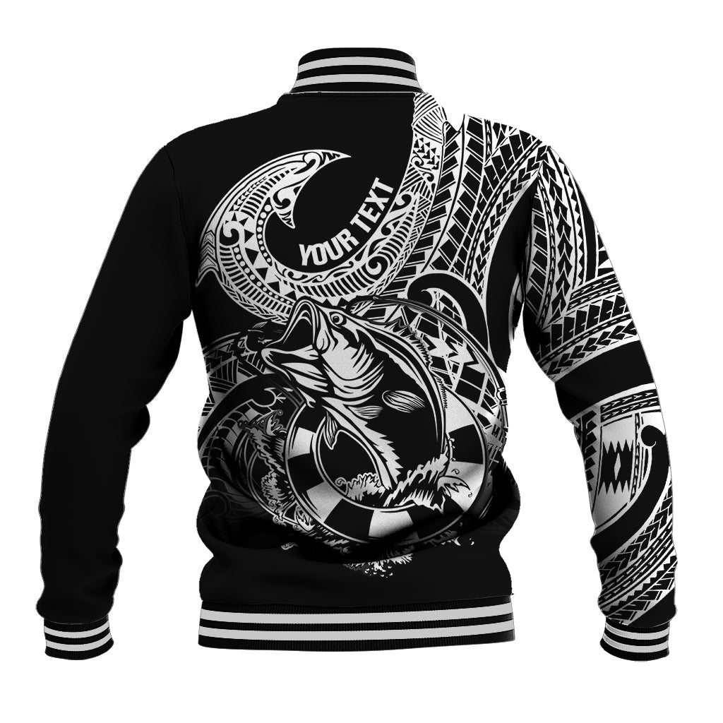 Personalised Polynesia Baseball Jacket Fish Hook Tattoo Go Fishing Polynesian Pattern Black - Wonder Print Shop