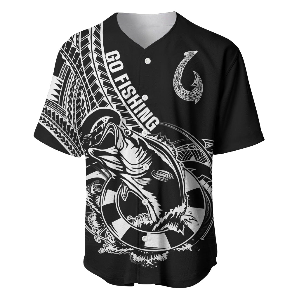 Personalised Polynesia Baseball Jersey Fish Hook Tattoo Go Fishing Polynesian Pattern Black - Wonder Print Shop