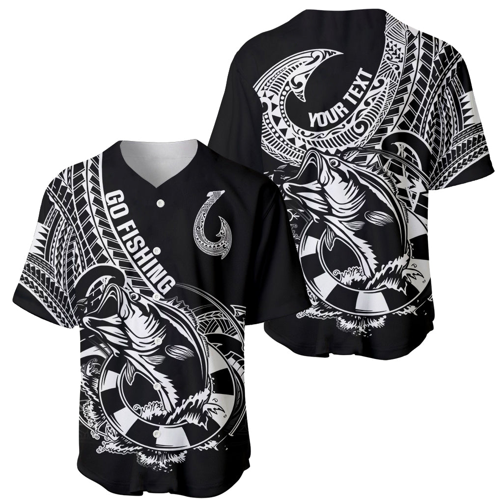 Personalised Polynesia Baseball Jersey Fish Hook Tattoo Go Fishing Polynesian Pattern Black - Wonder Print Shop
